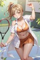 A woman in a bikini holding a tennis racket.