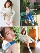 a collage of photos of a woman sitting on a chair